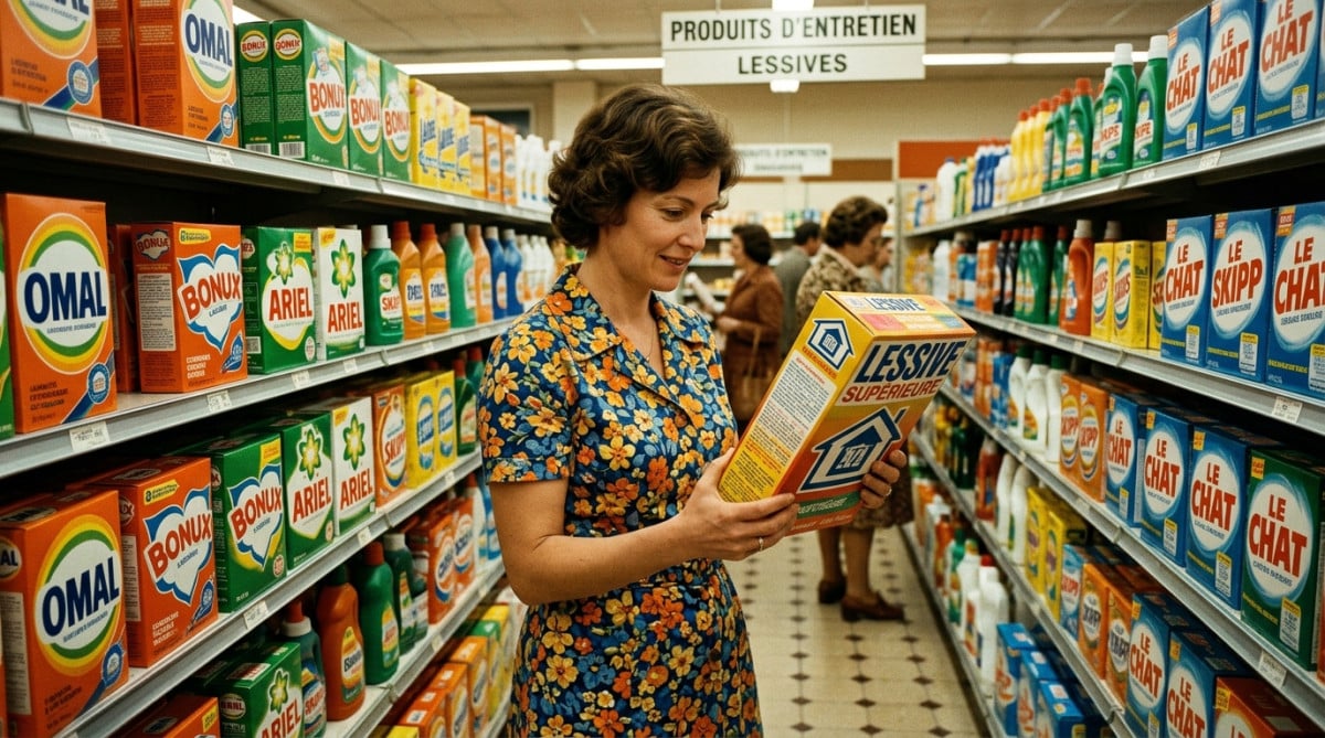 Femme avec une boîte de lessive vintage années 70