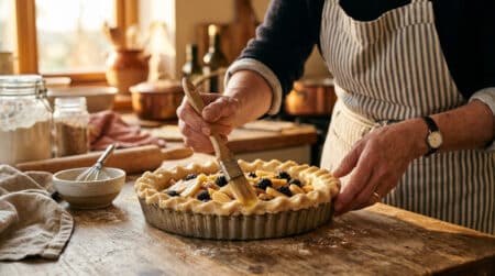 Femme badigeonnant un fond de tarte de blanc d'œuf