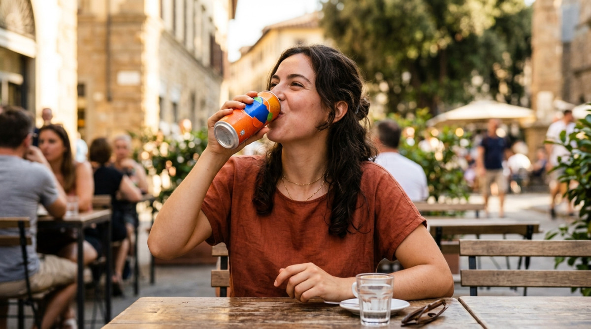 Femme buvant un soda gazeux d'un trait rapide