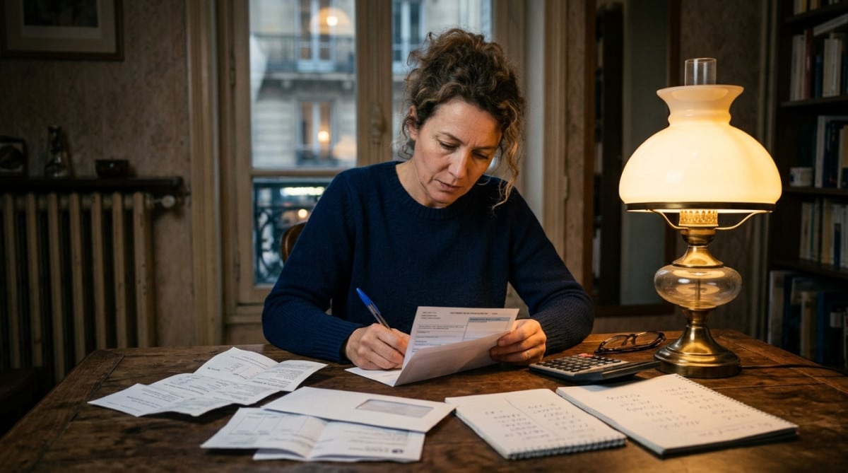 Femme calculant la pénalité de retard de caution