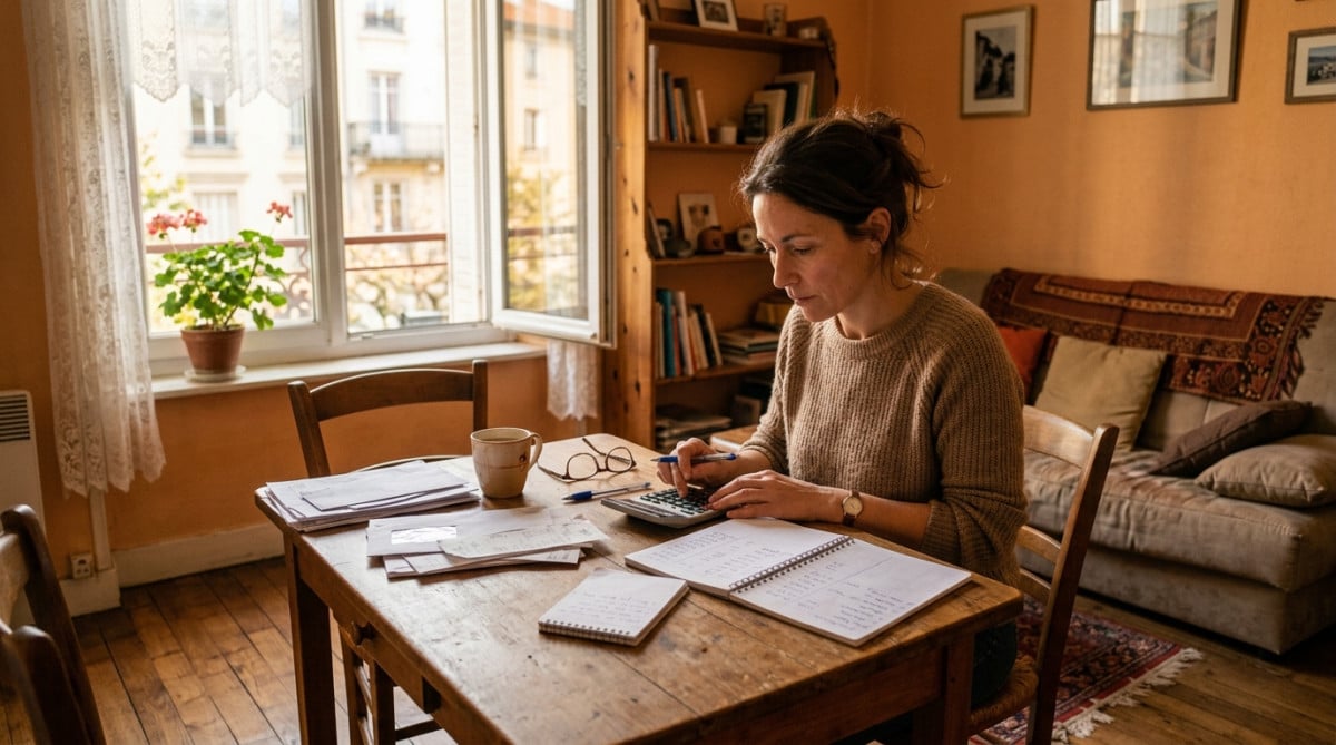 Femme calculant son budget mensuel à la table de cuisine
