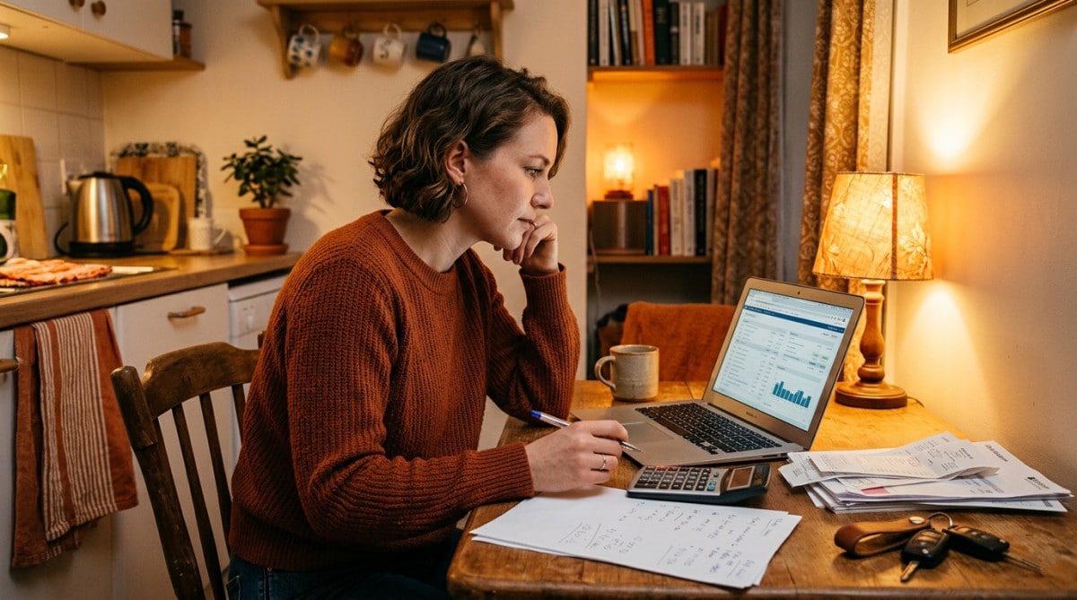 Femme calculant son budget mensuel à table