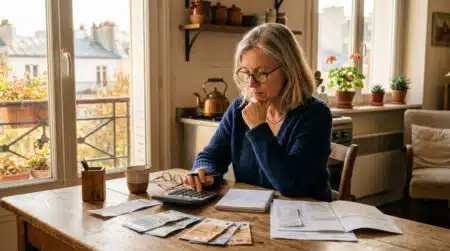 Femme calculant son budget mensuel à table