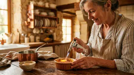 Femme caramélisant une crème brûlée au chalumeau