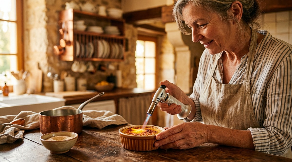 Femme caramélisant une crème brûlée au chalumeau