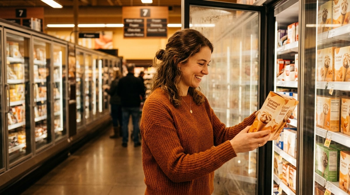 Femme choisissant une glace caramel beurre salé au supermarché