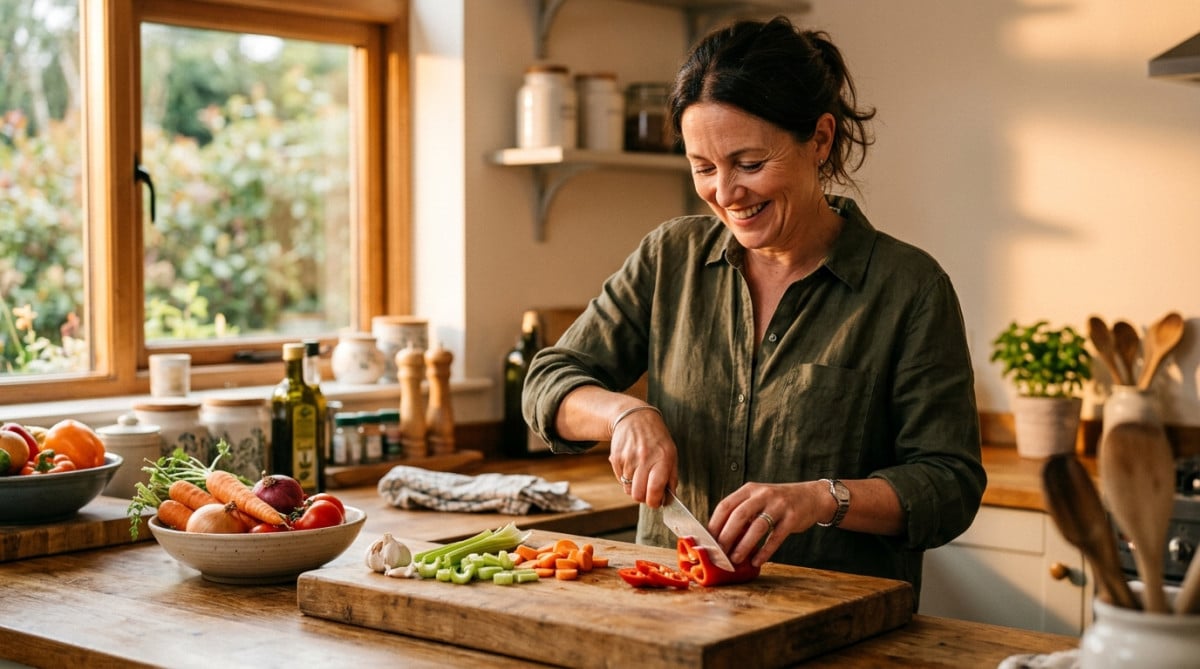 Femme coupant des légumes sur planche stabilisée