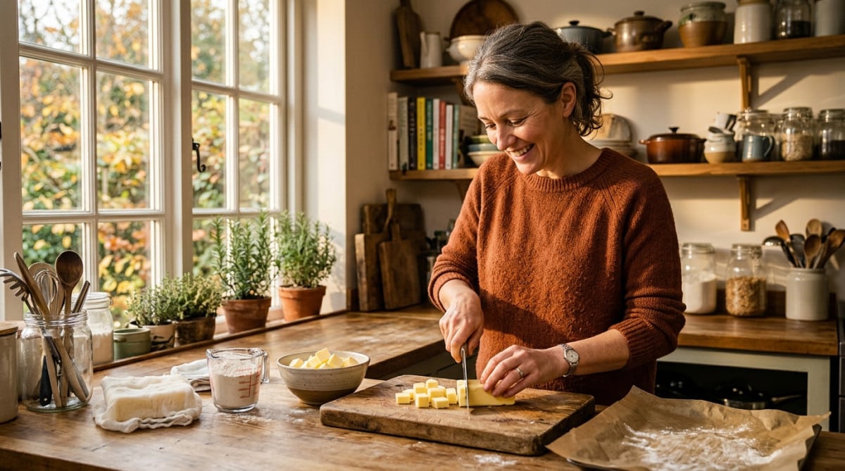 Femme coupant du beurre en petits cubes dans la cuisine