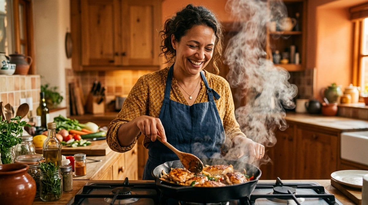 Femme cuisinant du poulet tendre à la poêle