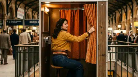 Femme dans un photomaton vintage à rideau orange