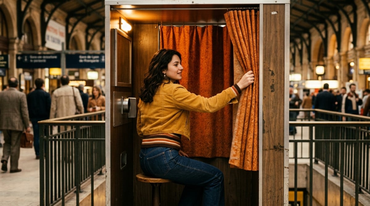 Femme dans un photomaton vintage à rideau orange