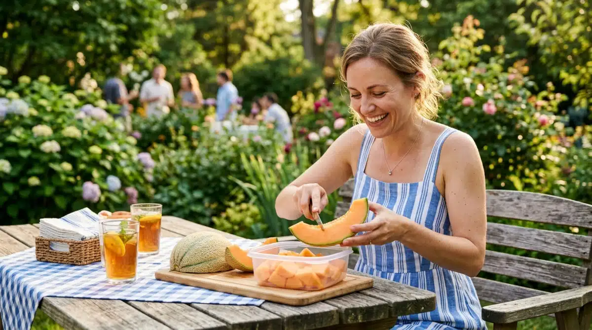 Femme découpant du melon frais pour un pique-nique