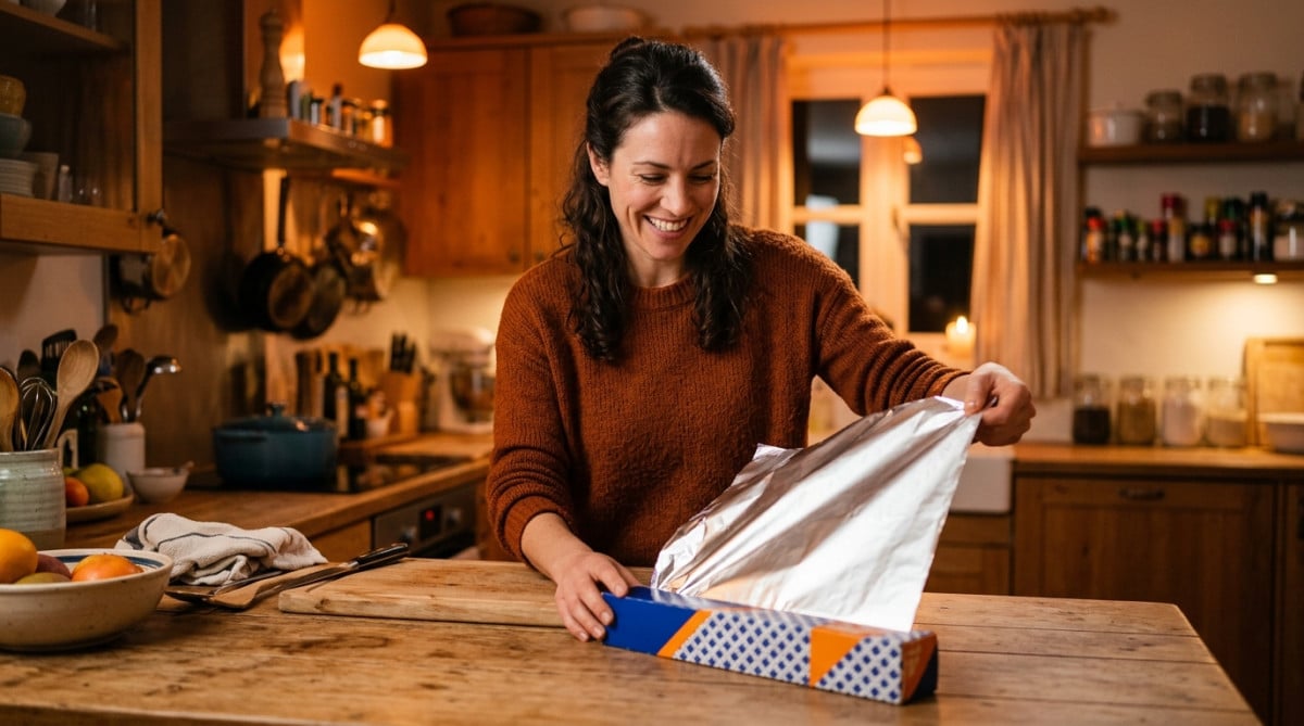 Femme découpe une feuille de papier aluminium sans effort