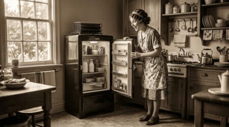 Femme découvrant un réfrigérateur électrique vintage des années 1920