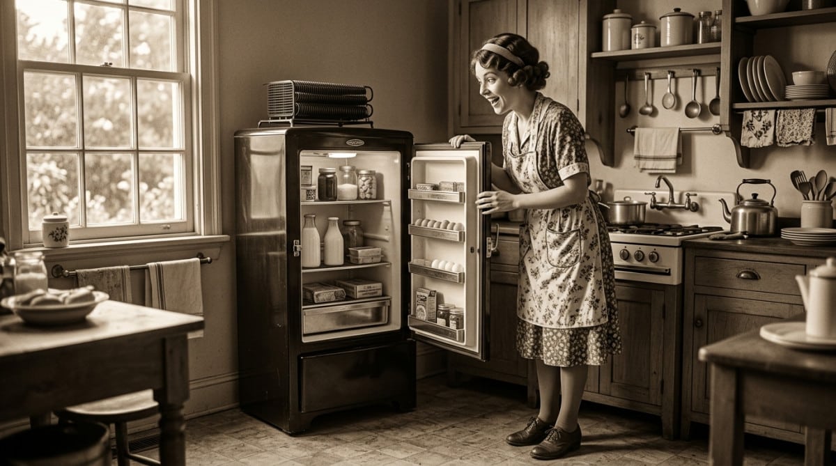 Femme découvrant un réfrigérateur électrique vintage des années 1920