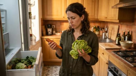 Femme déçue devant des légumes abîmés au frigo