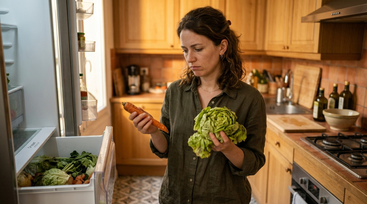 Femme déçue devant des légumes abîmés au frigo