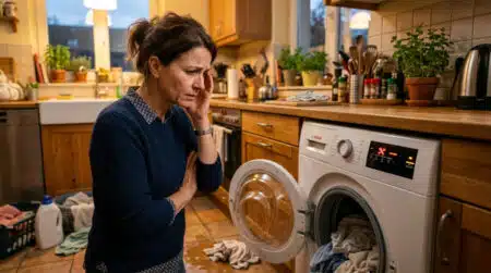 Femme désemparée devant son lave-linge en panne