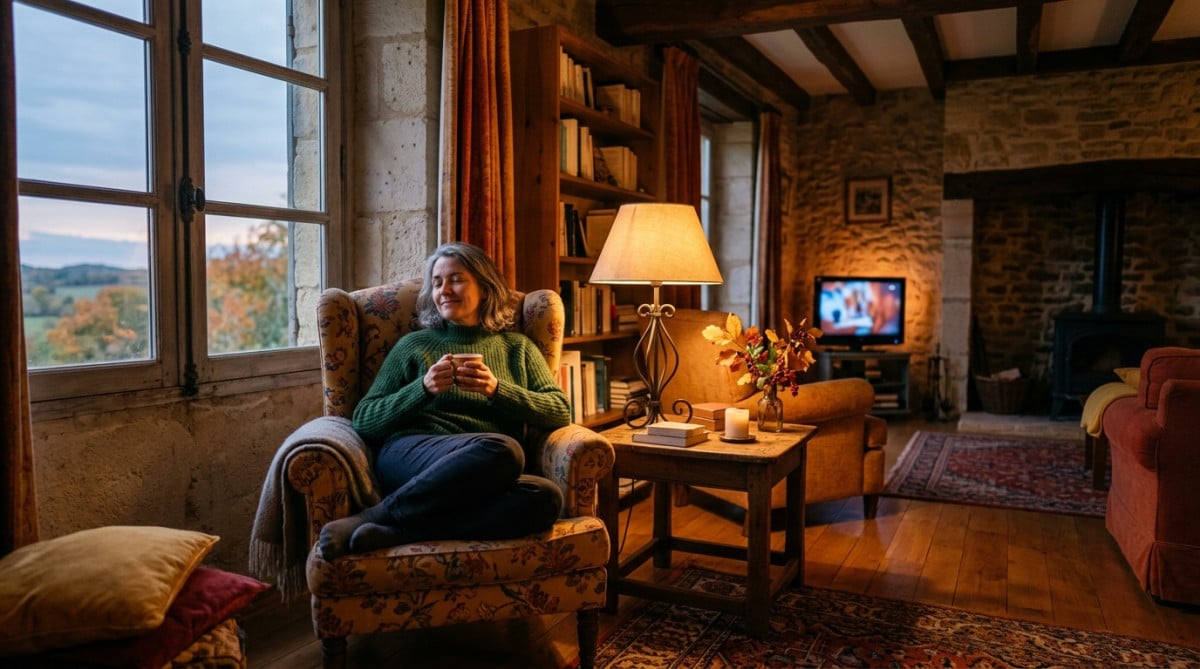 Femme détendue devant la télévision à la campagne
