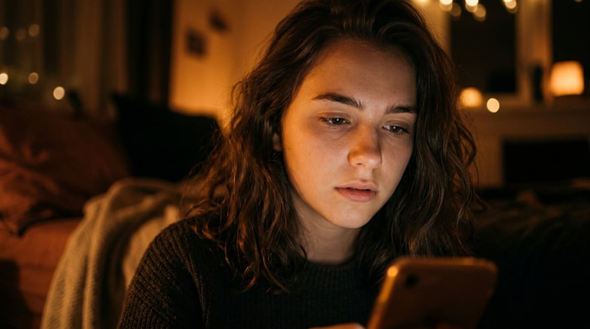 Femme distraite lisant sur l'écran de son téléphone