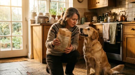 Femme donnant des croquettes premium à son chien