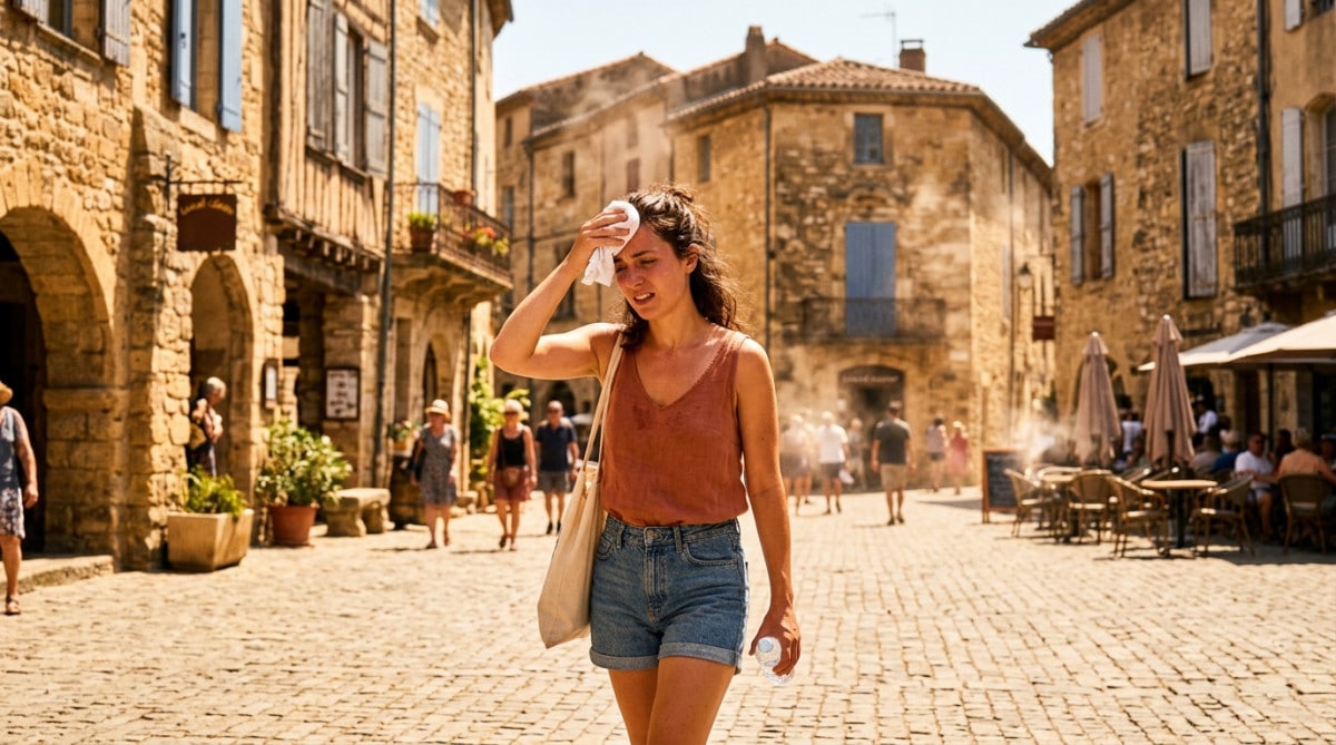 Femme en pleine canicule dans une rue ensoleillée