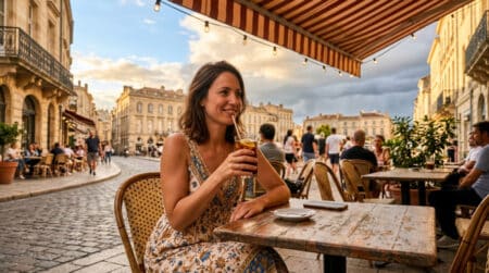Femme en terrasse sous un ciel contrasté chaud et nuageux