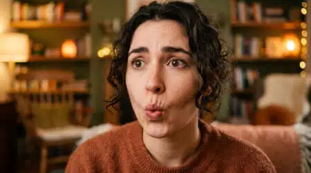 Femme essayant de siffler avec expression confuse