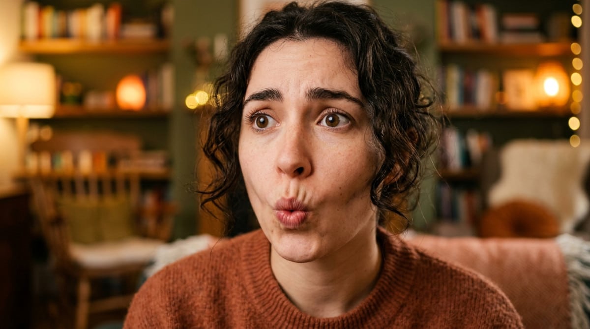 Femme essayant de siffler avec expression confuse
