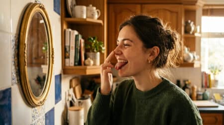 Femme essayant de toucher son nez avec la langue