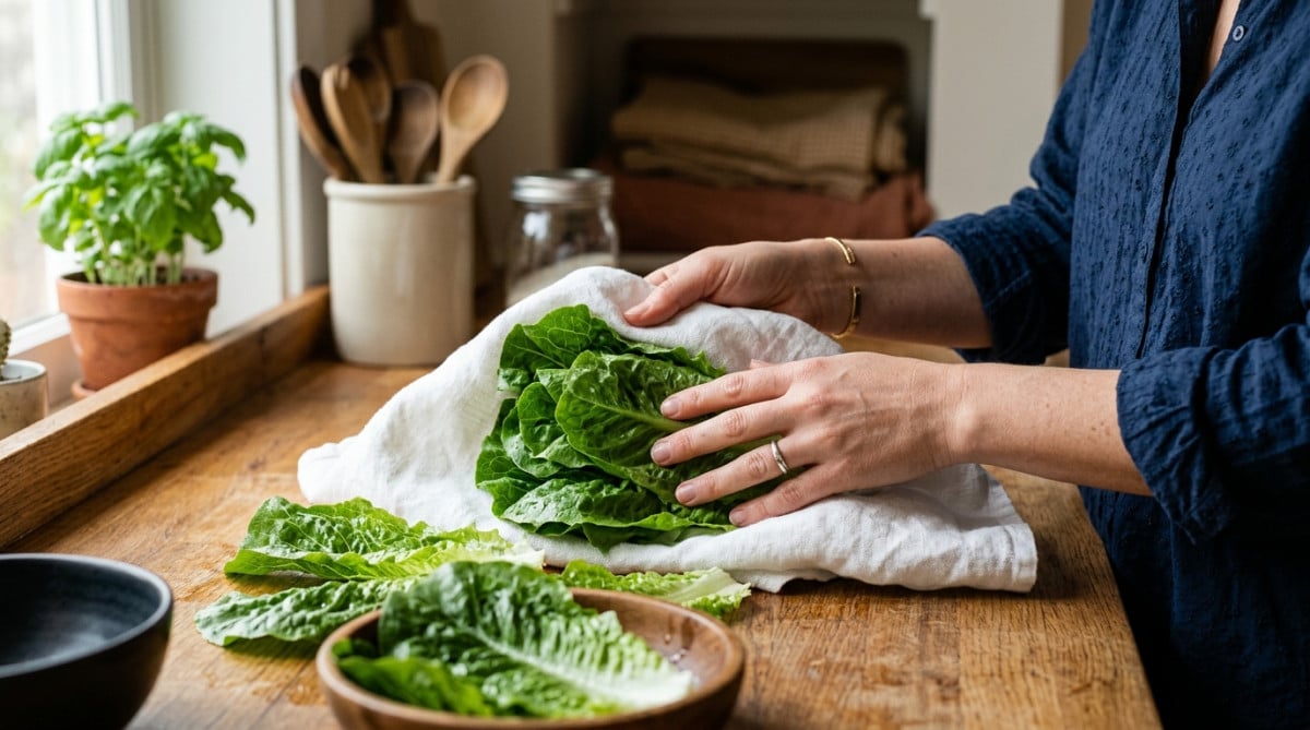 Femme essorant des feuilles de salade fraîche