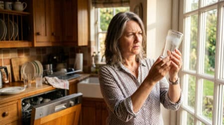 Femme examine un verre avec des traces blanches calcaires