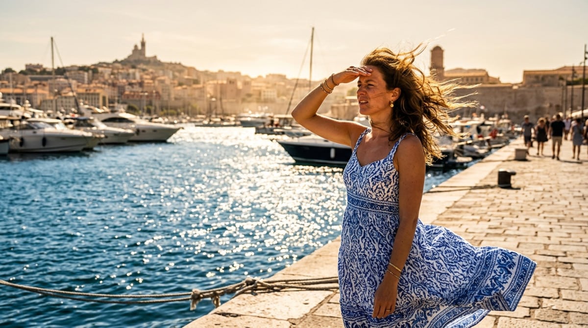 Femme face au vent et au soleil sur le Vieux-Port de Marseille