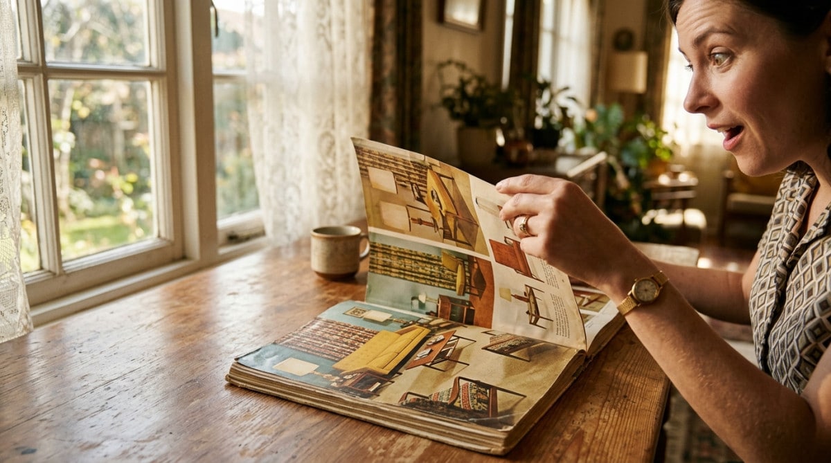 Femme feuilletant un vieux catalogue de meubles vintage