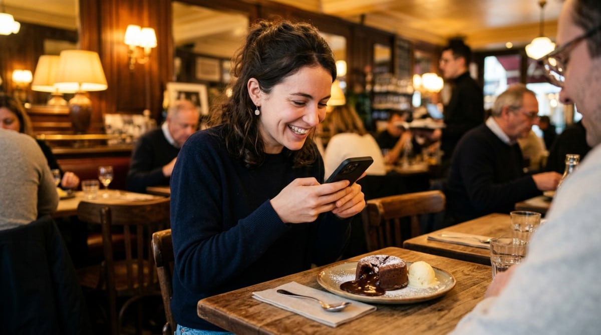 Femme filmant un fondant au chocolat coulant au restaurant