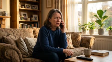 Femme inquiète au téléphone cherchant un médecin en urgence