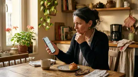 Femme inquiète consultant son compte bancaire sur smartphone