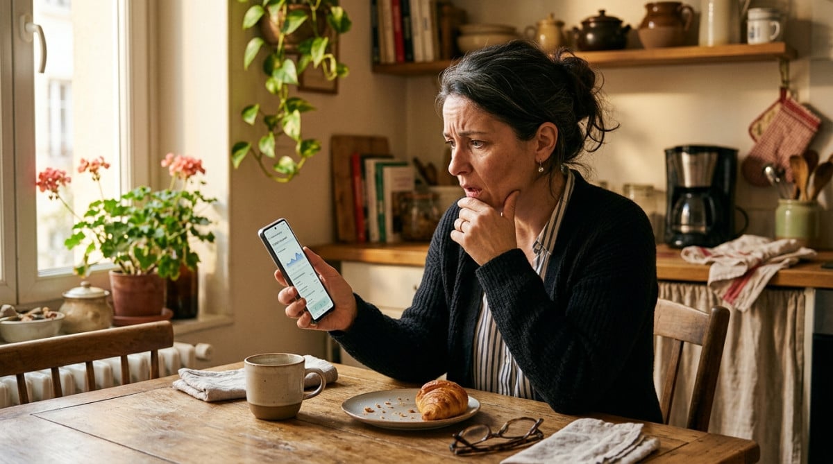 Femme inquiète consultant son compte bancaire sur smartphone