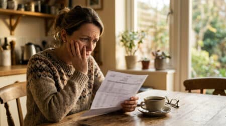 Femme inquiète examine son relevé bancaire à la maison