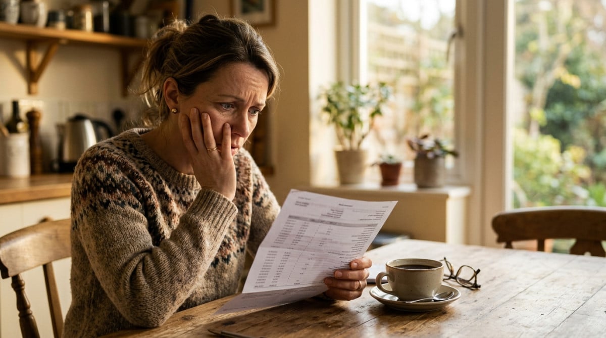 Femme inquiète examine son relevé bancaire à la maison