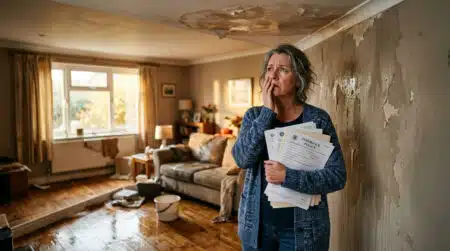 Femme inquiète face à un dégât des eaux au plafond
