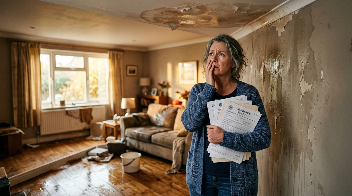 Femme inquiète face à un dégât des eaux au plafond