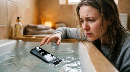 Femme inquiète tenant son téléphone tombé dans l'eau