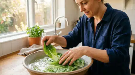 Femme lavant de la salade fraîche dans une bassine