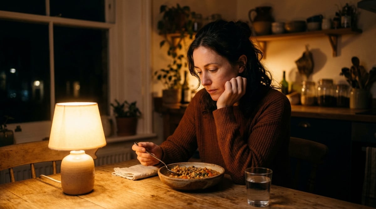 Femme mangeant seule tard le soir dans sa cuisine
