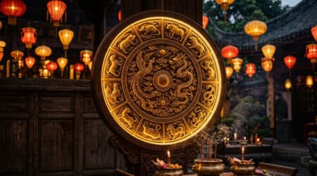 Femme méditant dans une lumière dorée entourée de symboles mystiques du zodiaque chinois