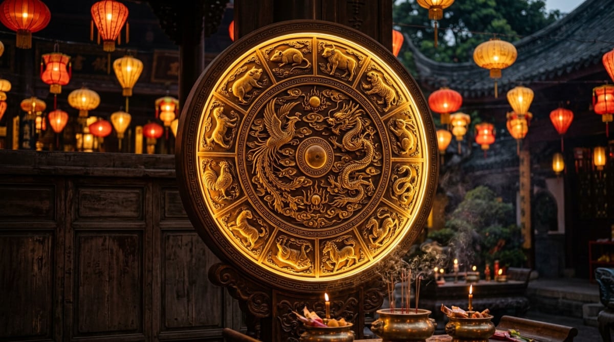 Femme méditant dans une lumière dorée entourée de symboles mystiques du zodiaque chinois