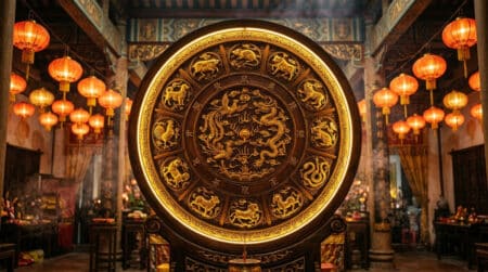 Femme méditant dans une lumière dorée mystique pour illustrer l'horoscope chinois