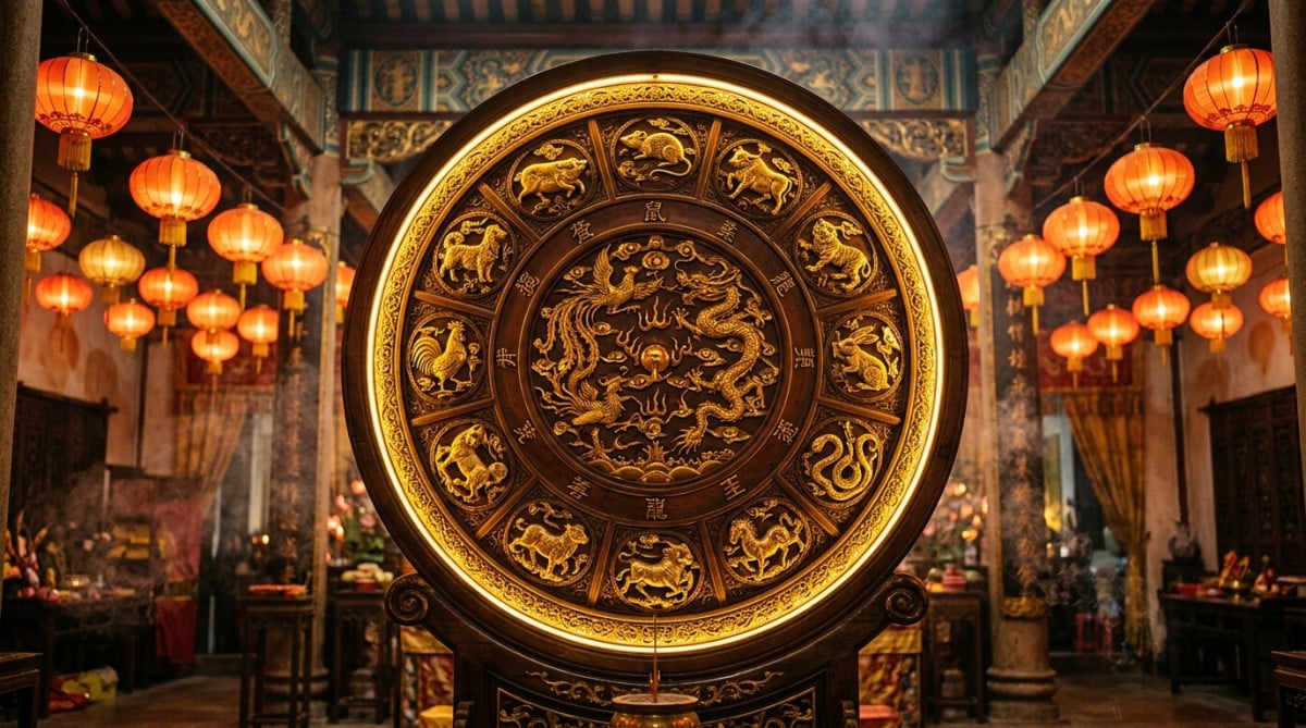 Femme méditant dans une lumière dorée mystique pour illustrer l'horoscope chinois