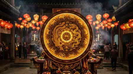 Femme méditant sereinement dans un jardin mystique baigné de lumière dorée pour l'horoscope chinois